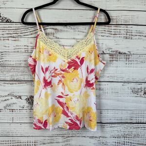 Womens BCBG Max Azria Yellow Pink Floral 90s Y2K Cami Tank Top Lace Babydoll L